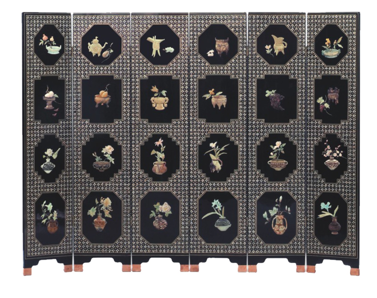 嵌螺描金骨石镶嵌六扇屏风（彩陶博古）